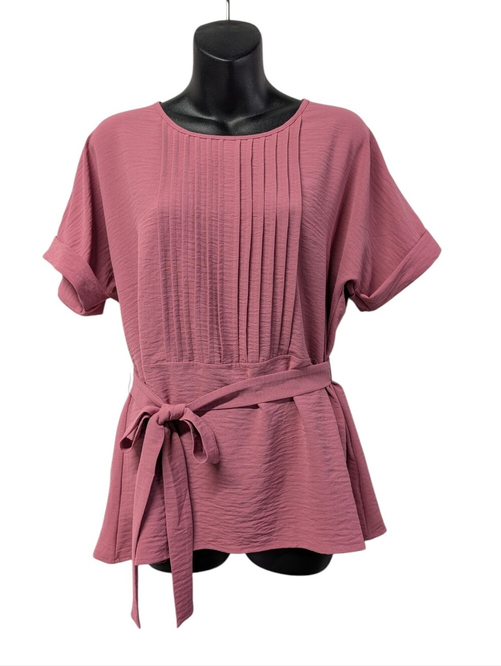 CiCiBird Mauve Pink Tie Waist Pleated Peplum Blouse Keyhole Neck Short Sleeve M